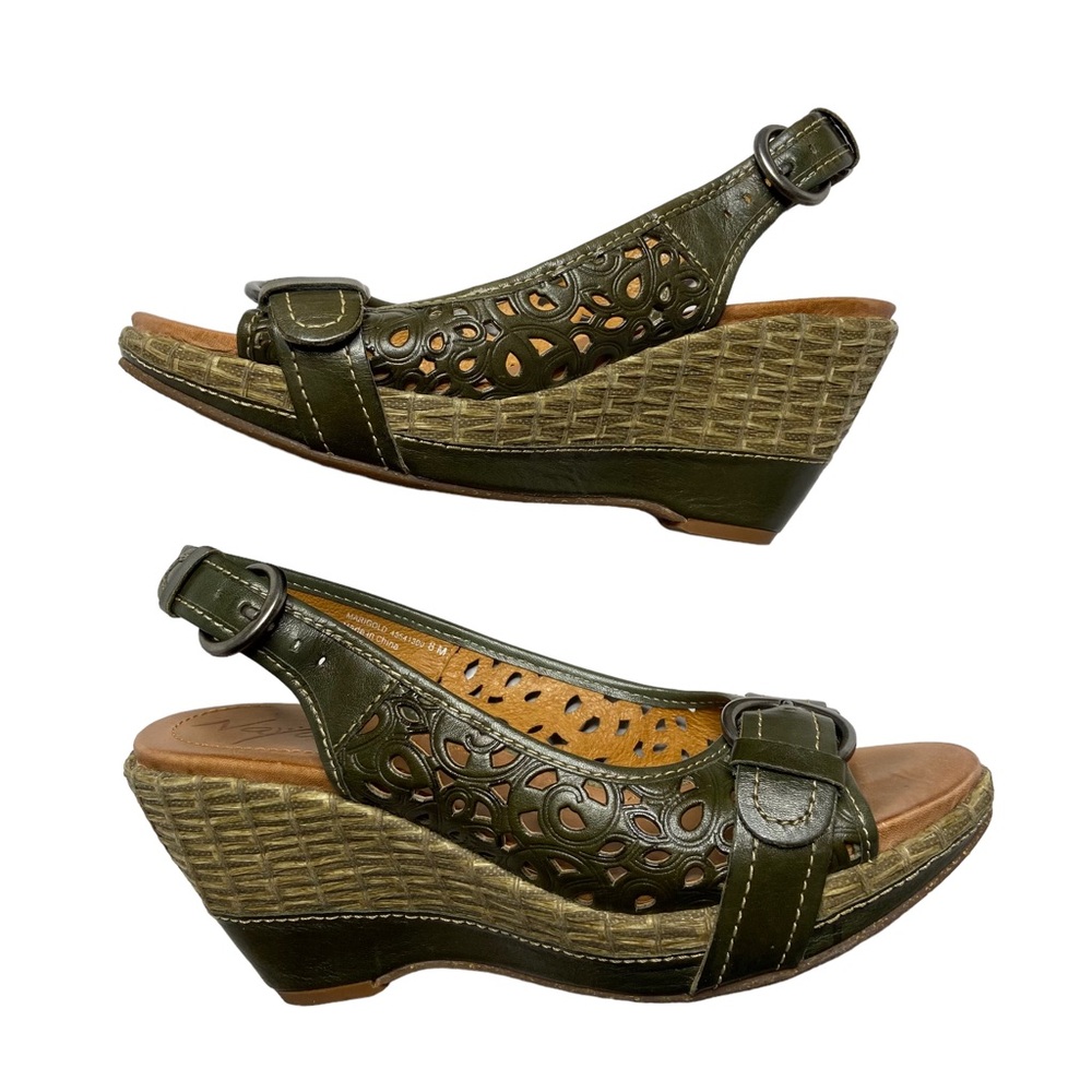 NAYA Marigold Leather Peeptoe Slingback Wedge Sandals Green Size 8M